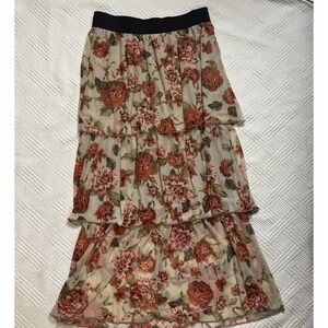 EST.1946 Women's Small Maxi Skirt Floral Victorian Tiered Ruffles Lined Tan Red